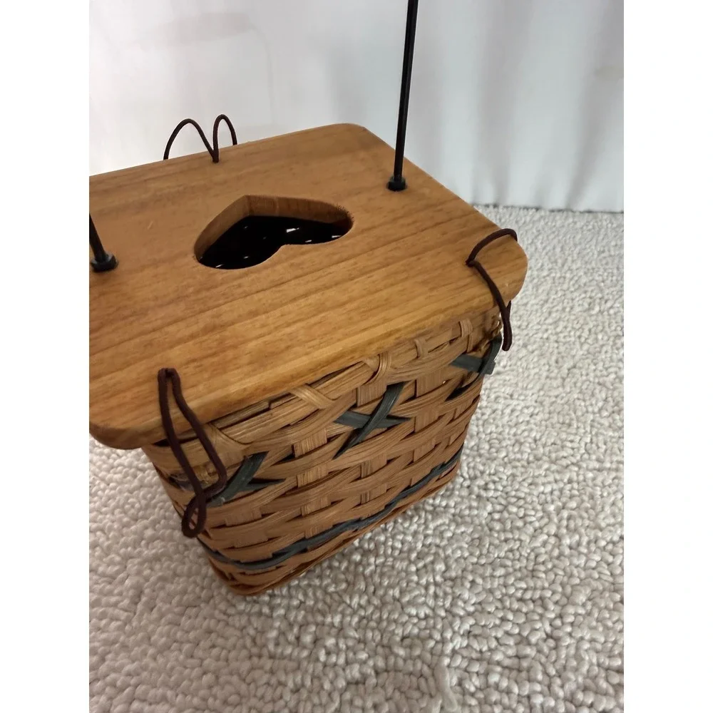 Vintage Rustic Woven Square Kleenex Basket with Wood Heart Lid and Metal Handle